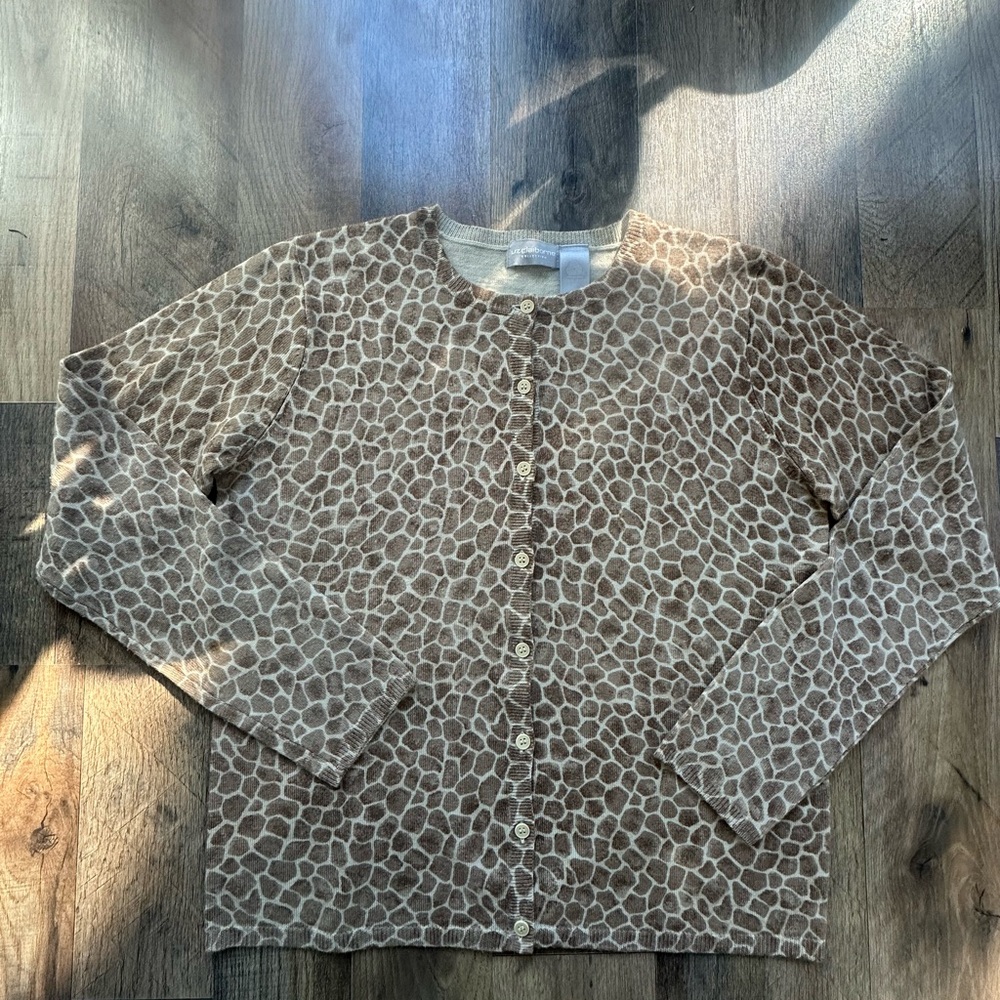 100% Merino Wool Liz Claiborne Brown Patterned Cardigan